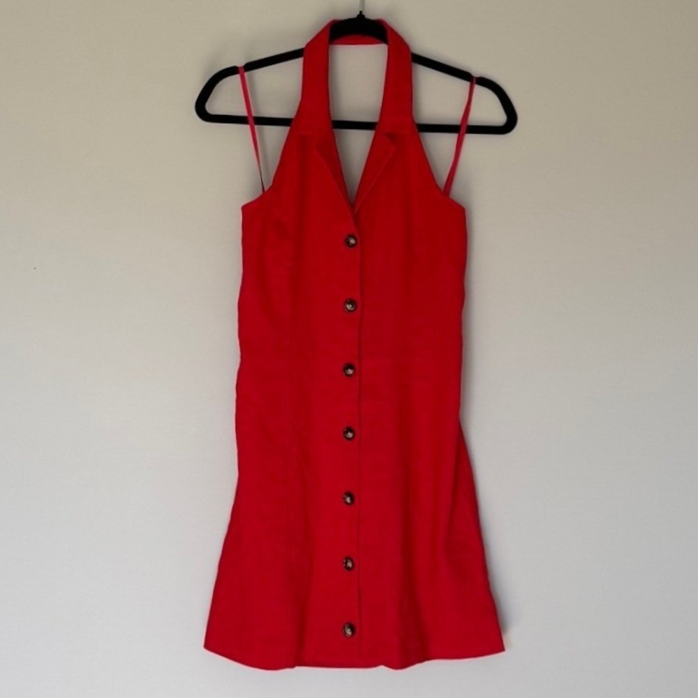 Monteau Los Angeles Red Halter Mini Dress Button Front Smocked Back Size S